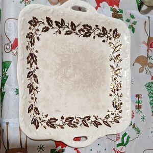 Vintage 9x9 Square Ceramic Platter with Gold Leaf Design